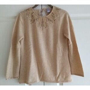Cullen 100% Cashmere Sweater Studded Beaded Womens S Pale Wheat Keyhole Back‎
